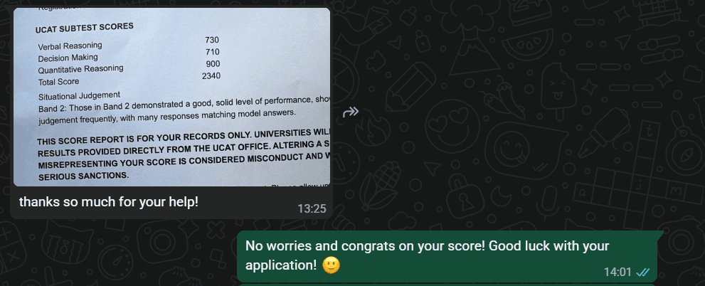 Student UCAT score 2340 Band 2 with QR 900